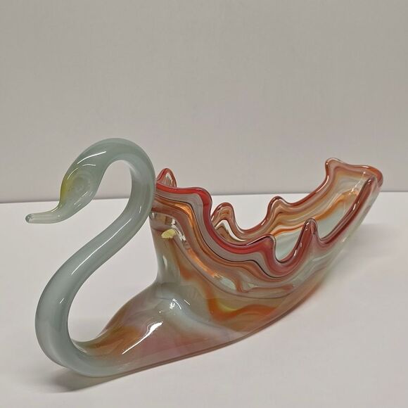 Vintage Sooner Glass Swan Bowl Hand Blown Vase MCM Orange Blue Large - Picture 2 of 9